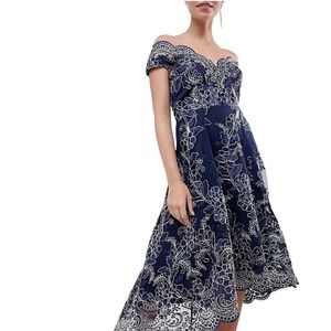 City Goddess London Embroidered Lace Midi Bardot Dip Hem Dress Formal Navy Sz 10